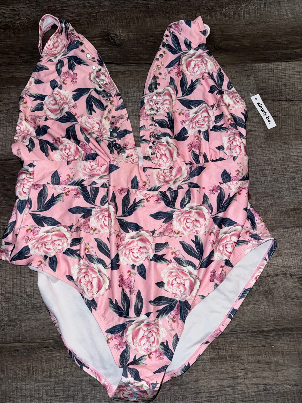 Simply Be Pink Floral One-Piece Swimsuit with Navy Leaf Accents